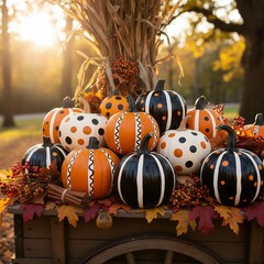 Whimsical Arrangement of Colorful Pumpkins in Black, White, and Orange Showcasing Festive Fall Spirit