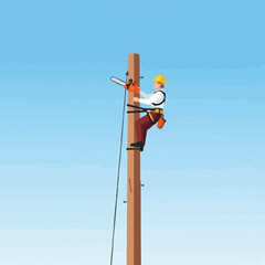 An illustrated depiction of a lineman using a chainsaw while working on a wooden utility pole against a clear blue sky background.