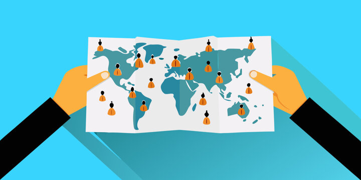Hands holding a world map with diverse people icons spread across continents representing global network