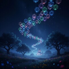 Mystical Scene of Colorful Celestial Orbs Hanging in a Starry Night Above Serene Mountains