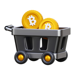 3D Cryptocurrency Shopping Cart - Bitcoin Market Purchase, Digital Asset E-commerce, and Online Investment Icon