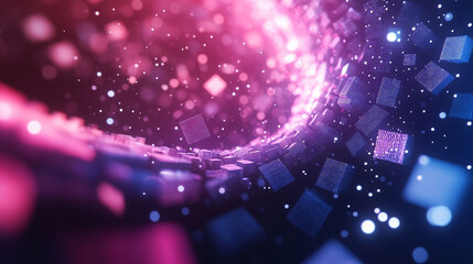 A holographic spiral of floating data cubes glows with digital light, forming a futuristic abstract scene. It symbolizes information flow, technology, innovation, and the dynamic pulse of modern data 