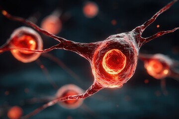 Glowing red cells with string-like connections, dark backdrop