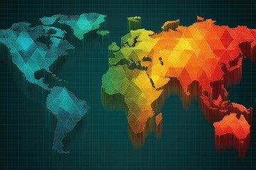 World map render in geometric, gradient color blocks