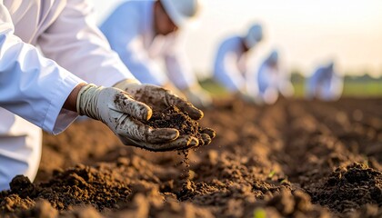 Hands of Scientists Examining Soil Texture in Outdoor Research for Environmental Conservation and Agricultural Development