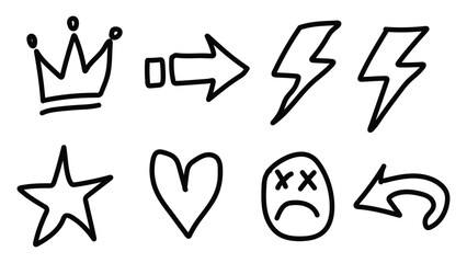 Hand drawn doodle icons set crown star heart lightning bolt arrow sad face replay illustration