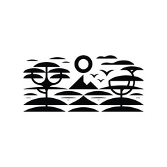 Black Flat Design Landscape with Trees Mountains Sun Birds and Clouds Isolated