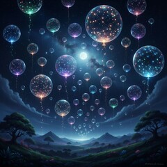 Dreamlike Landscape Under a Starry Sky Adorned with Glowing Spheres Creating a Magical Atmosphere