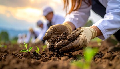 Environmental Researchers Collecting Soil Samples During Field Study for Sustainable Agriculture and Ecological Analysis
