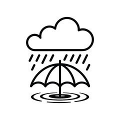Black Line Icon Showing Cloud, Rain, Umbrella, and Puddle on Transparent Background