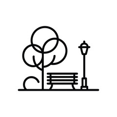 Black park landscape icon with bench, tree, and streetlight on transparent background