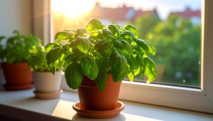 Potted basil plants sit on a windowsill, backlit by golden sunlight