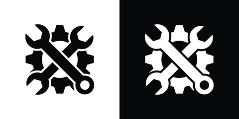 Crossed Wrench over Gear Symbol, Black and White Mechanical Tool Silhouette Icon Set