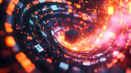 A holographic spiral of floating data cubes glows with digital light, forming a futuristic abstract scene. It symbolizes information flow, technology, innovation, and the dynamic pulse of modern data 