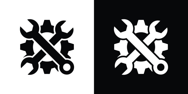 Crossed Wrench over Gear Symbol, Black and White Mechanical Tool Silhouette Icon Set