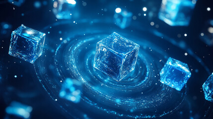 A holographic spiral of floating data cubes glows with digital light, forming a futuristic abstract scene. It symbolizes information flow, technology, innovation, and the dynamic pulse of modern data 