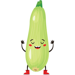 Green Zucchini Character With Red Boots And Closed Eyes Happy Expression And Arms Raised On Transparent Background Cartoon Style