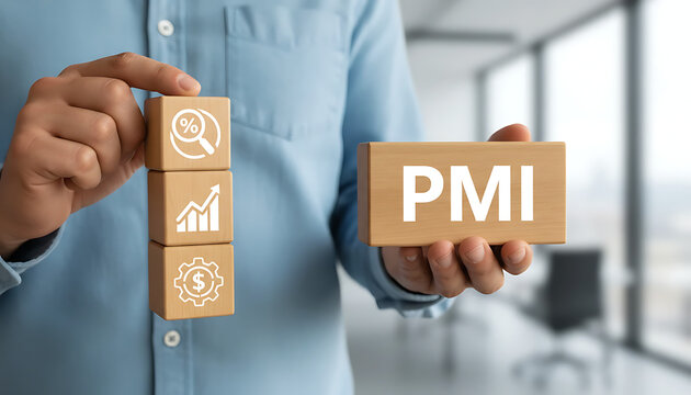 PMI. Concept of PMI - Purchasing Managers Indexes. Business, manufacturing and service sector economic outlook index. PMI