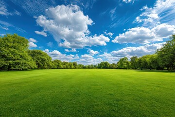 Obraz premium Vibrant Green Field beneath a Blue Sky with Fluffy Clouds and Lush Trees