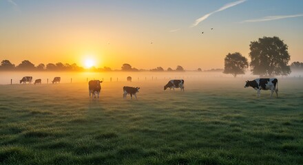 Cows grazing in a foggy field at sunrise with golden light