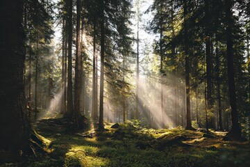 Fototapeta premium Sunlight Streaming Through Tall Evergreen Trees in a Forest Landscape with Lush Green Ground Cover and a Warm Golden Glow Creating a Serene Atmosphere