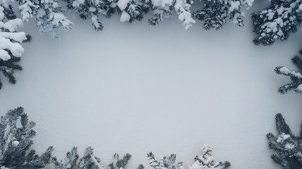Snow-covered evergreen branches framing a blank snowy center