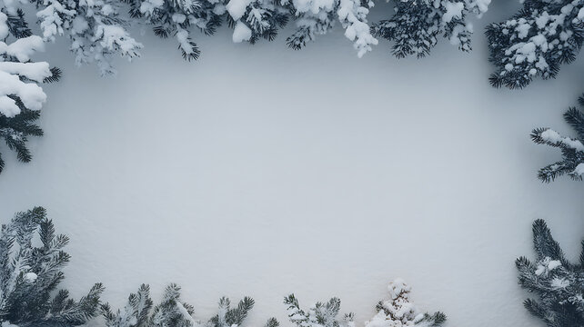 Snow-covered evergreen branches framing a blank snowy center