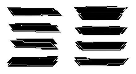 Collection of modern geometric title bars and lower third templates with a futuristic sci-fi style. Vector elements for creating HUD UI or gaming overlays.