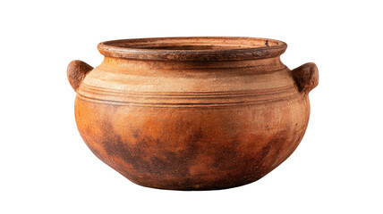 Rustic earthen pot, brown terracotta, rounded form, against black