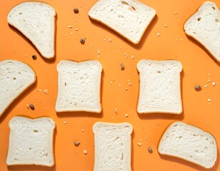 Sliced bread, some crumbs, and small seeds on bright orange surface