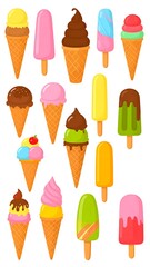 Assorted colorful ice cream cones and popsicles displayed
