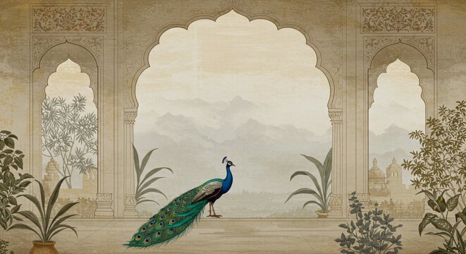 Mughal Garden Landscape in Pichwai Style Highlighting Peacock, Grand Arches and Colorful Floral Patterns
