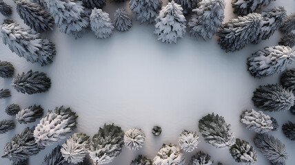 Aerial view of snow-covered pine trees forming a circular pattern around a clear snowy center