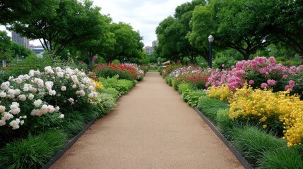 Obraz premium Vibrant Flower Pathway Through Lush Greenery in a Serene Urban Park Setting