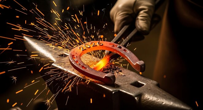 Blacksmith forging a horseshoe with the year 2026, sparks flying metal