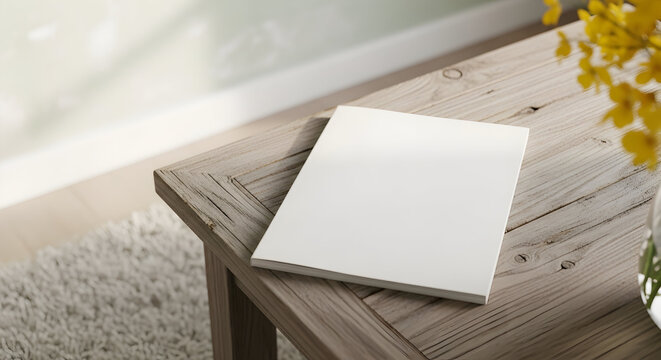 Contemporary home decor featuring a blank square booklet on a rustic wood table for product showcasing and advertising