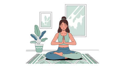 Serene woman meditating in lotus pose on rug with houseplants and window view promoting wellness and healthy lifestyle isolated on white background