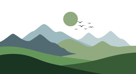 Serene mountain landscape with golden sun and birds flying above rolling green hills scenic nature scene isolated on white background