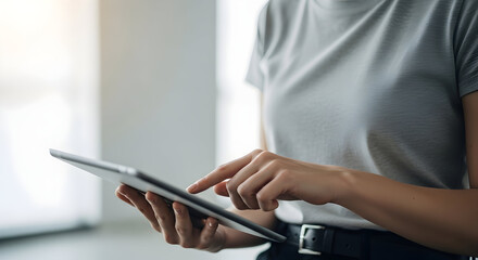 Woman Uses Tablet for Business Tasks and Online Communication While Standing Near a Bright Window 110 chars long