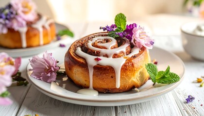 Sweet roll decorated with glaze, flowers, & mint on a white plate