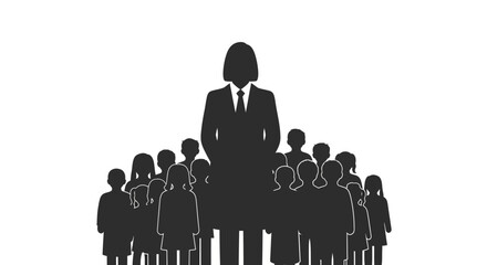 Silhouetted female leader prominently standing ahead of diverse group of silhouetted figures symbolizing teamwork and business success isolated on white background