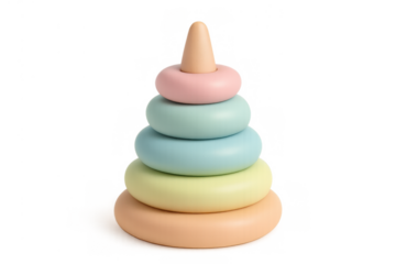 Stacking rings toy in pastel colors for baby development. Educational pyramid for early childhood learning