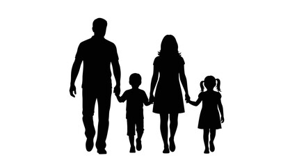 Silhouette of a happy family parents and two children walking together holding hands joyful unity and connection isolated on white background