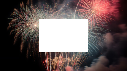 Fireworks display in night sky with blank white sign in foreground