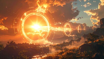 Futuristic Energy Rings Illuminating a Vibrant Sunset Landscape.