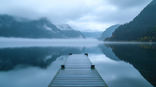 An isolated wooden dock stretches into a calm, reflective lake, surrounded by serene waters. The scene symbolizes solitude, reflection, and peaceful connection between nature and quiet contemplation. - Powered by Adobe