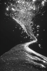Water spiral ascending, monochrome, air bubbles, dark background