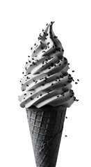 Gelato Lembut Monokromatik Kontras Tinggi: Kudapan Bertekstur Berputar-Putar dengan Taburan Wijen Hitam dan Kerucut Wafel Abu-abu