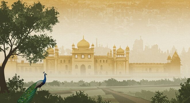 Traditional Mughal Garden, peacock, tree, palace 2