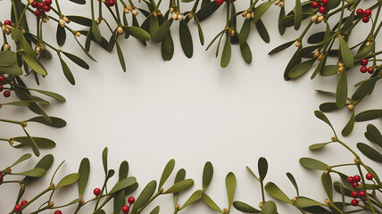 Mistletoe branches with red berries arranged in a circular frame on a white background